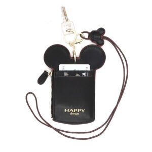 QiMing Mouse Ears Card holder,PU Lovely Lanyard Family Toys for Girl Woman(Black)