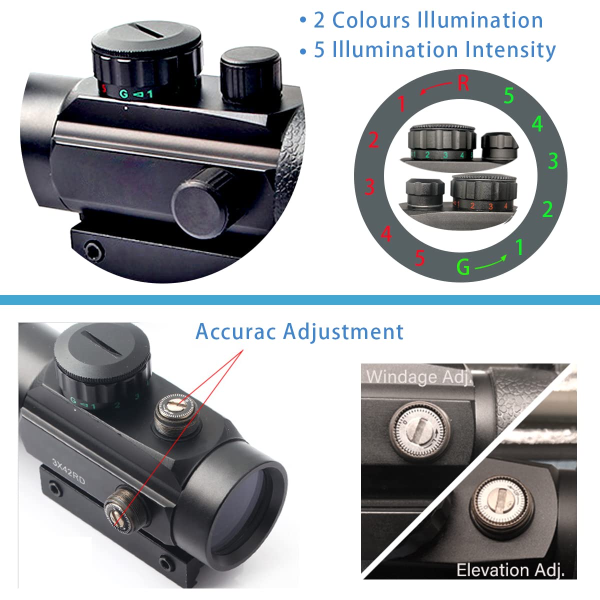 MOSANDON 3X44mm Red Green Dot Sight Scope,3X Eyepiece Reflex Sight with Lens Cap for 20mm/11mm Weaver Picatinny Rail Mount