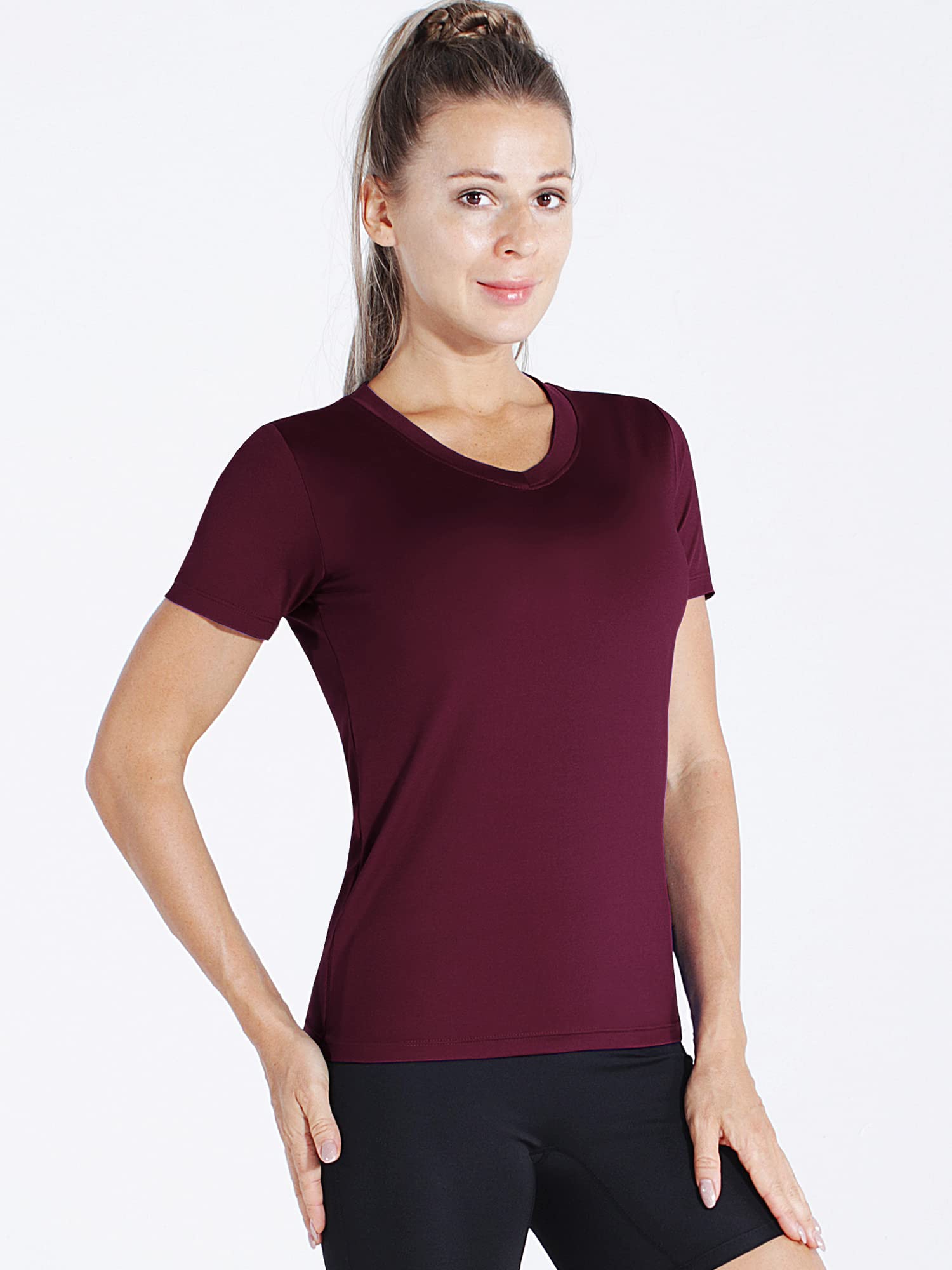 CADMUS Workout t-Shirts for Women Quick Dry Gym Shirts V-Neck, Black, Grey, Wine Red, Large