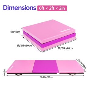 Matladin 6' Folding Tri-fold Gymnastics Gym Exercise Aerobics Mat, 6ft x 2ft x 2in PU Leather Tumbling Mats with Hook & Loop Fastener for Stretching Yoga Cheerleading Martial Arts (Purple&Pink)