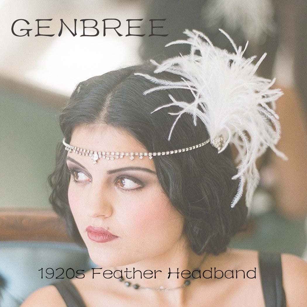 GENBREE White Feather Hair Clip 1920s Flapper Headpiece Crystal Headband Prom Party Head Accessories for Women