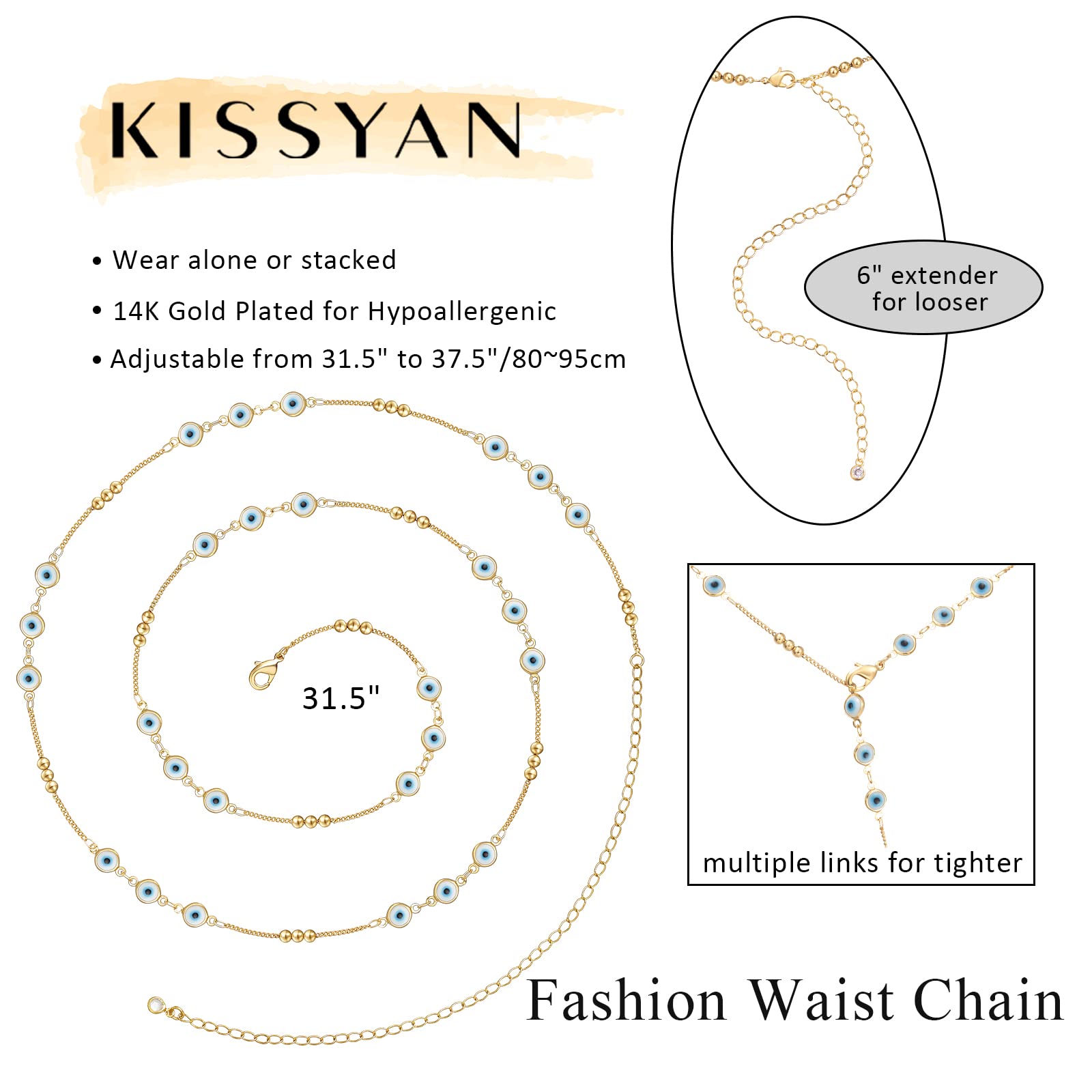 KissYan Bikini Body Chains for Women, 14K Gold Adjustable Sexy Waist Chain Summer Beach Colorful Cuban Link Pearl Evil Eyes Belly Chain Handmade Jewelry(Gold-evil eye)