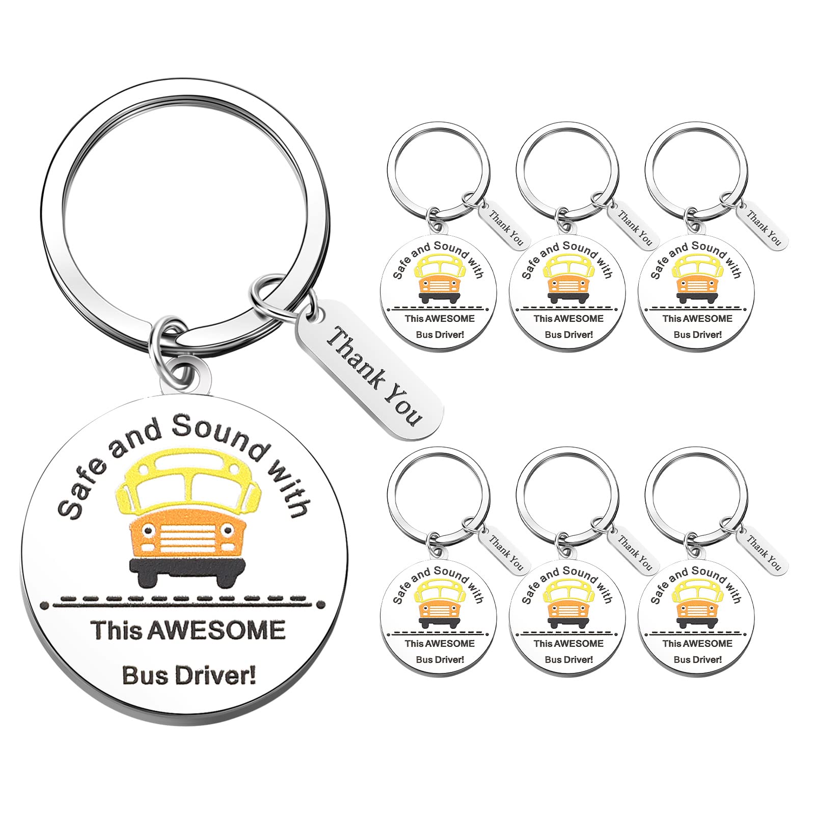 Yinkin 6 Pcs School Bus Driver Appreciation Gifts Stainless Steel Bus Drivers Keychain in Bulk Thank You Gifts for New Driver