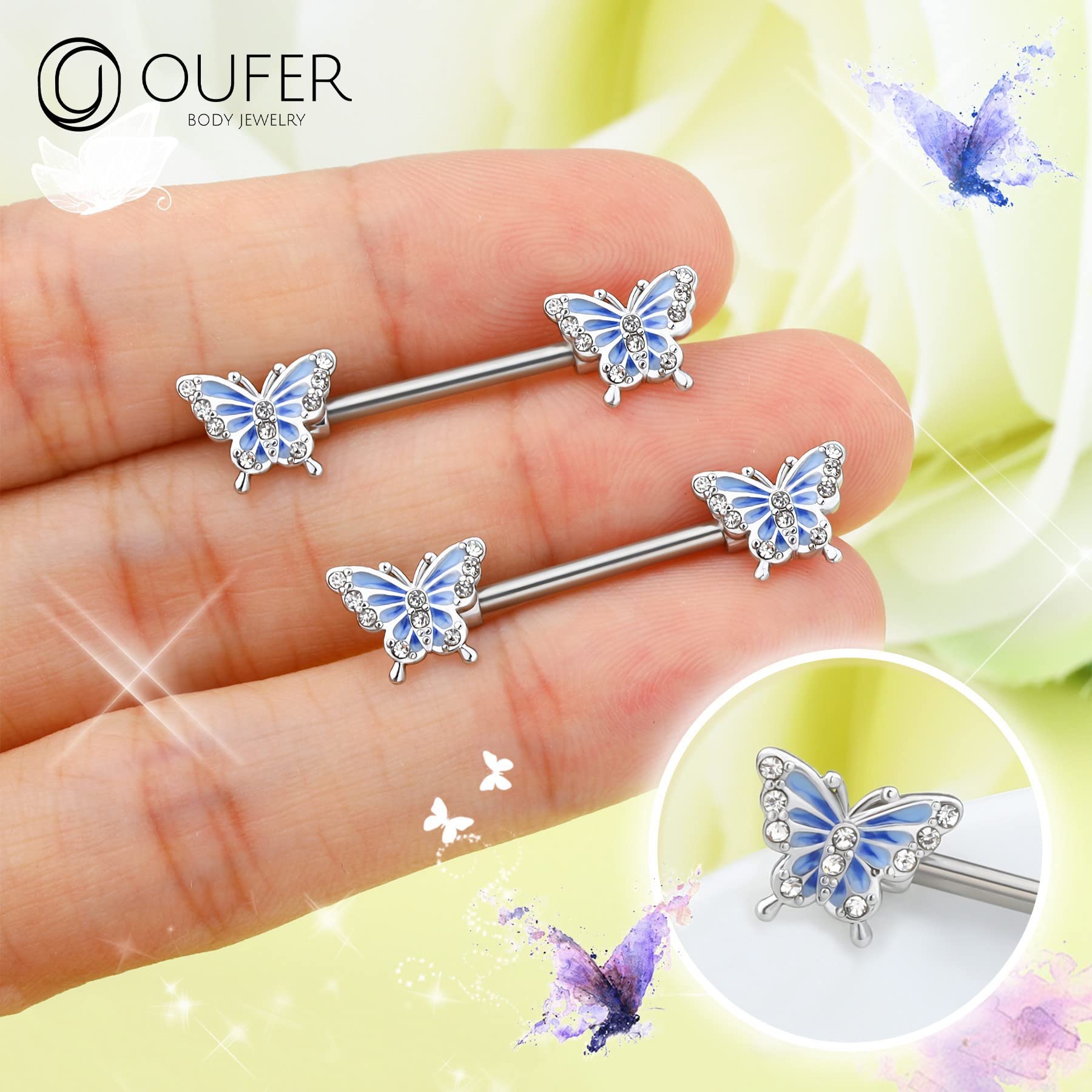 OUFER Butterfly Nipple Rings, 316L Surgical Steel Paved Shiny Clear CZ Nipple Barbells,14G Nipple Piercing jewelry For Women