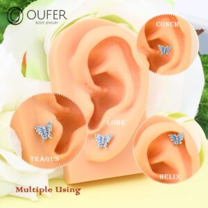 OUFER 16G Helix Earrings, 316L Stainless Steel Tragus Earring Studs, Blue Butterfly Elements Paved Shiny Clear CZ Cartilage Earrings, Flower Helix Piercing Jewelry