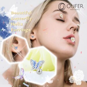 OUFER 16G Helix Earrings, 316L Stainless Steel Tragus Earring Studs, Blue Butterfly Elements Paved Shiny Clear CZ Cartilage Earrings, Flower Helix Piercing Jewelry