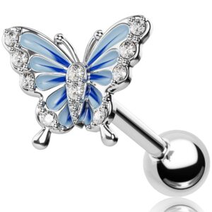 OUFER 16G Helix Earrings, 316L Stainless Steel Tragus Earring Studs, Blue Butterfly Elements Paved Shiny Clear CZ Cartilage Earrings, Flower Helix Piercing Jewelry