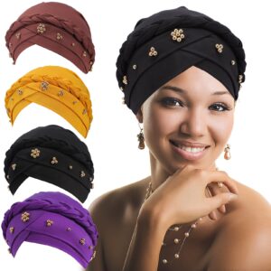 4 Pack Women Turban Cap,Beaded Headscarf Beanie,African Braid Turban Cap for Women,Twisted Beaded Braid Wrap Hat Braid Turban (Black+Purple+Brown+Yellow)