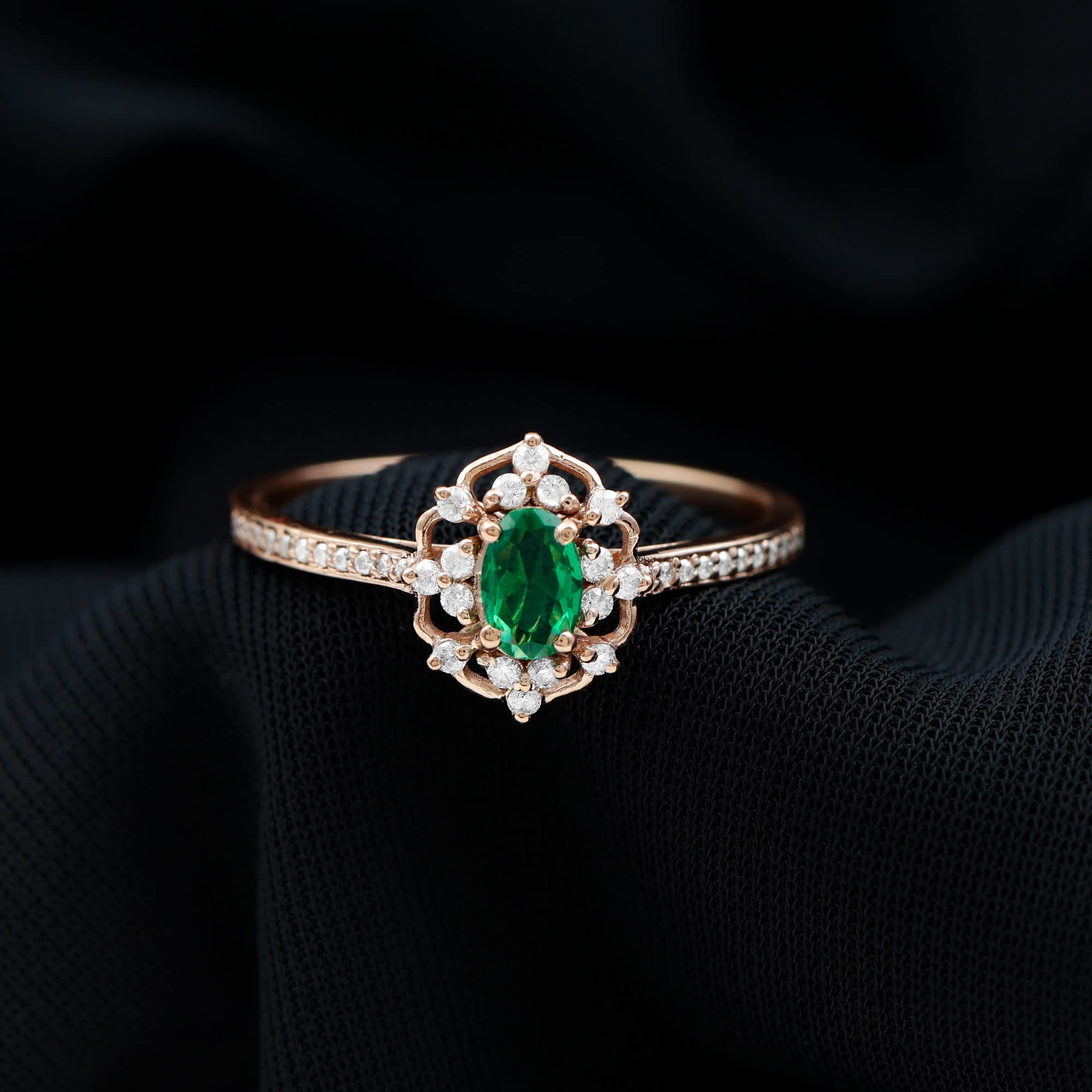 Created Emerald and Diamond Vintage Flower Engagement Ring | AAAA Quality, 14K Rose Gold, Size:US 10.50