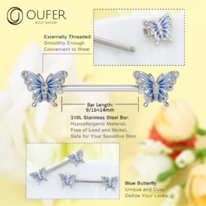 OUFER Butterfly Nipple Rings, 316L Surgical Steel Paved Shiny Clear CZ Nipple Barbells,14G Nipple Piercing jewelry For Women