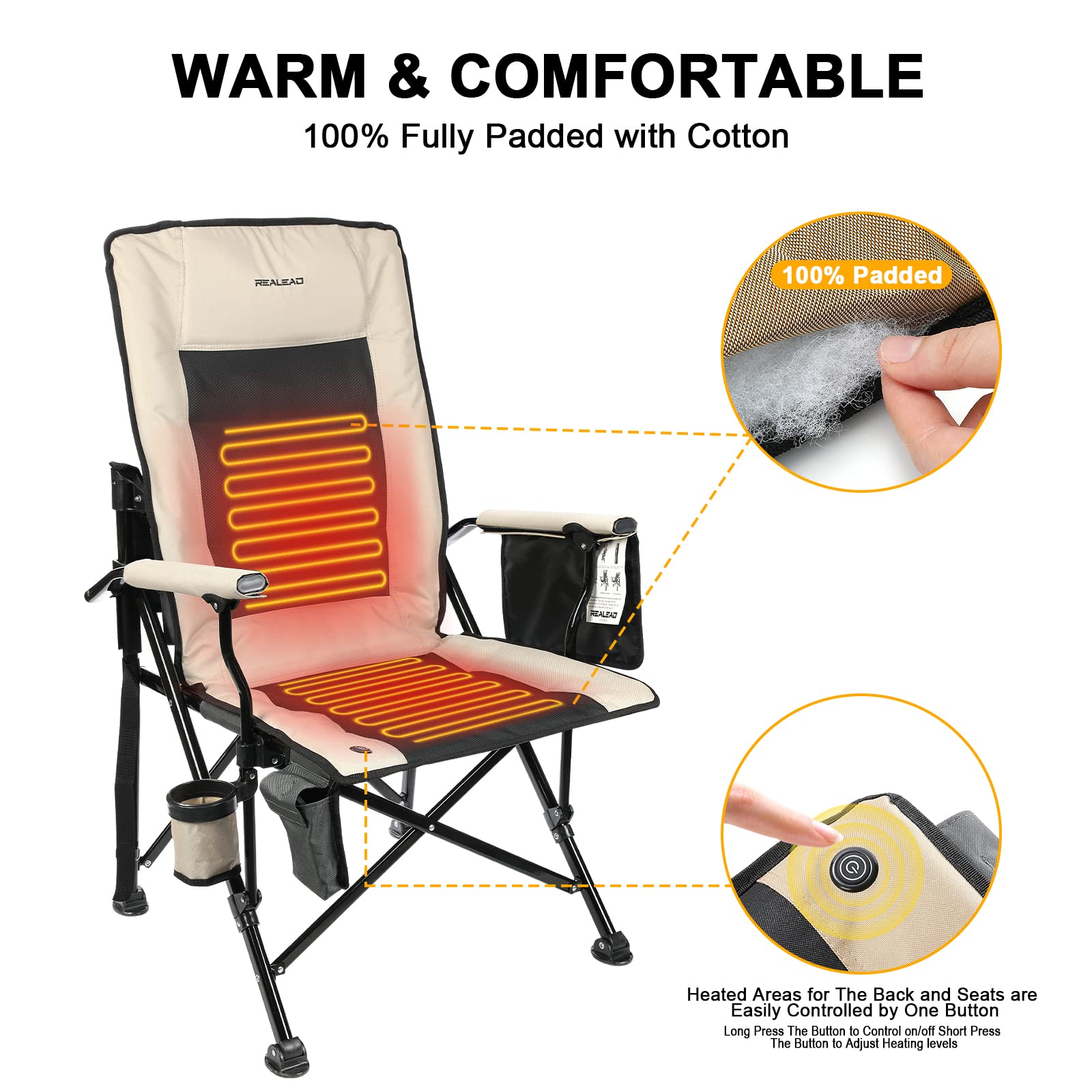 REALEAD Heated Camping Chairs - Fully Padded - Heated Folding Chairs for Outdoor Sports - Supports 400 lbs - Portable Heated Outdoor Camp Chairs for Sport Events - Concert - Battery NOT Included