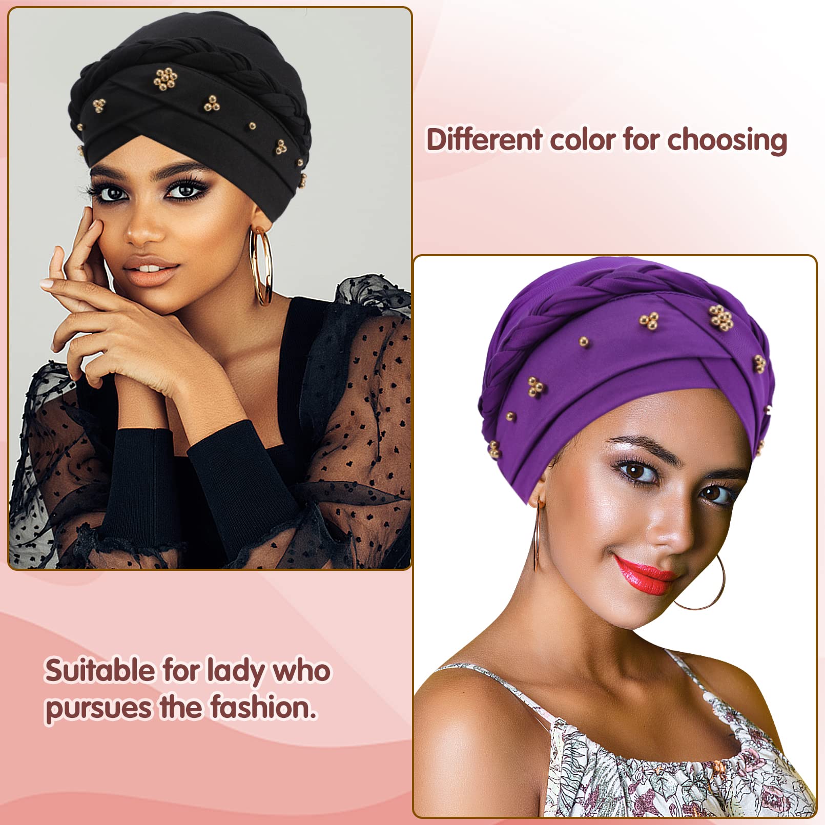 4 Pack Women Turban Cap,Beaded Headscarf Beanie,African Braid Turban Cap for Women,Twisted Beaded Braid Wrap Hat Braid Turban (Black+Purple+Brown+Yellow)