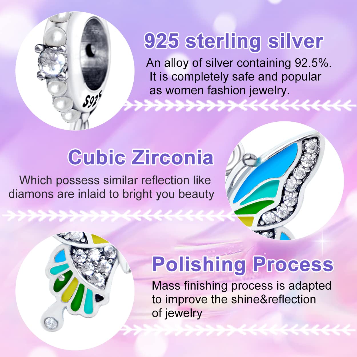 PICKBEAU S925 Sterling Silver Charms Bracelet Necklace Keychain Sunglasses Bag Butterfly Sunflower Charm Beads DIY Jewelry Gifts For Women