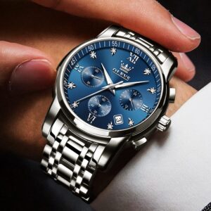 OLEVS Watches for Men with Date Luxury Big Face Waterproof Mens Wristwatch Analog Dress Two Tone Stainless Steel Man Watch Luminous Relojes De Hombre Calendar(GreenBlueBlack Dial）, Blue Dial,