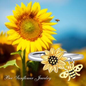 Sunflower Rings Sterling Silver Sunflower and Bee Rings Sunflower Adjustable Bee Ring Sunflower Jewelr Gifts for Women Girls Summer Birthday Mother's Day