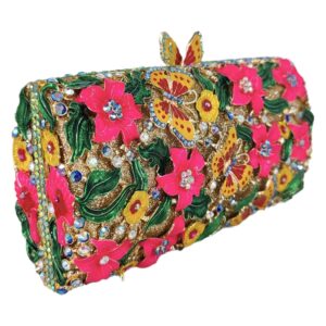 Boutique De FGG Flowers & Butterfly Women Crystal Clutch Evening Bag Wedding Party Rhinestone Handbags (Small,Yellow Fuchsia)