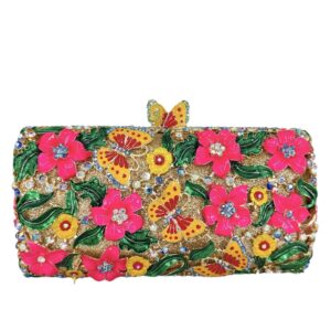 boutique de fgg flowers & butterfly women crystal clutch evening bag wedding party rhinestone handbags (small,yellow fuchsia)