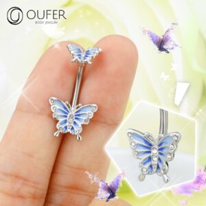 OUFER Butterfly Belly Button Rings, 14G 316L Surgical Steel Navel Piercing Jewelry, Navel Ring Barbell for Women