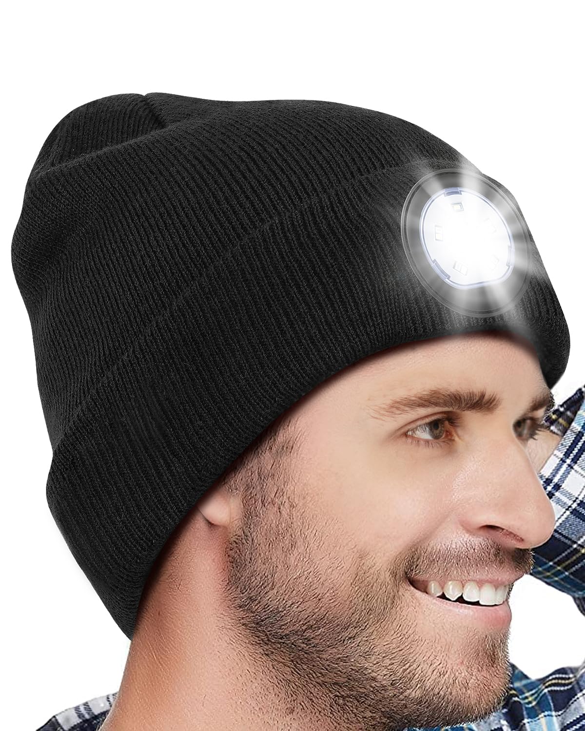 Rechargeable LED Beanie Hat with Flashlight - Unisex Winter Knitted Headlamp Cap for Men and Women