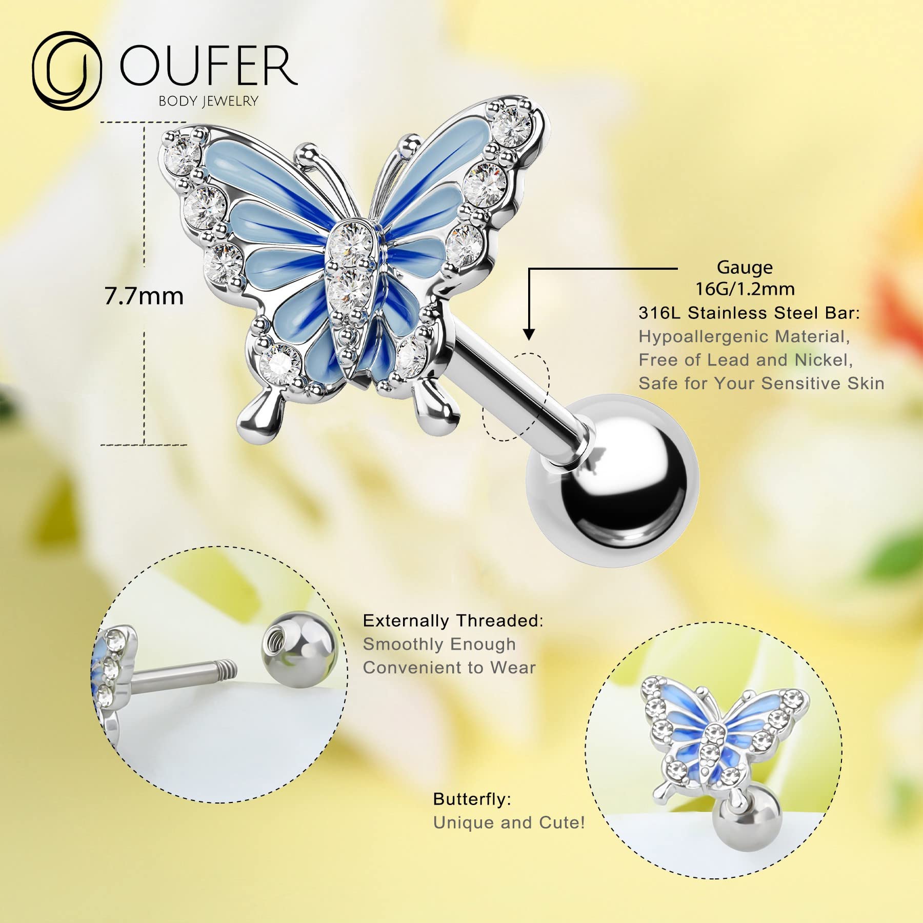 OUFER 16G Helix Earrings, 316L Stainless Steel Tragus Earring Studs, Blue Butterfly Elements Paved Shiny Clear CZ Cartilage Earrings, Flower Helix Piercing Jewelry