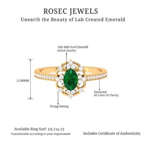 Created Emerald and Diamond Vintage Flower Engagement Ring | AAAA Quality, 14K Rose Gold, Size:US 10.50