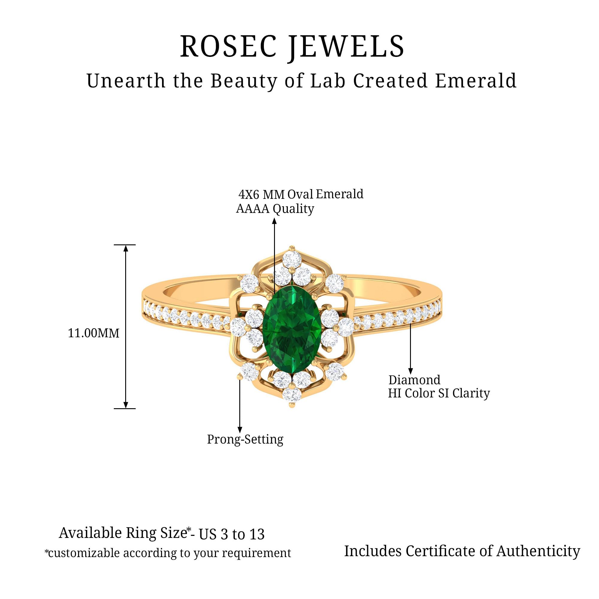 Created Emerald and Diamond Vintage Flower Engagement Ring | AAAA Quality, 14K Rose Gold, Size:US 10.50