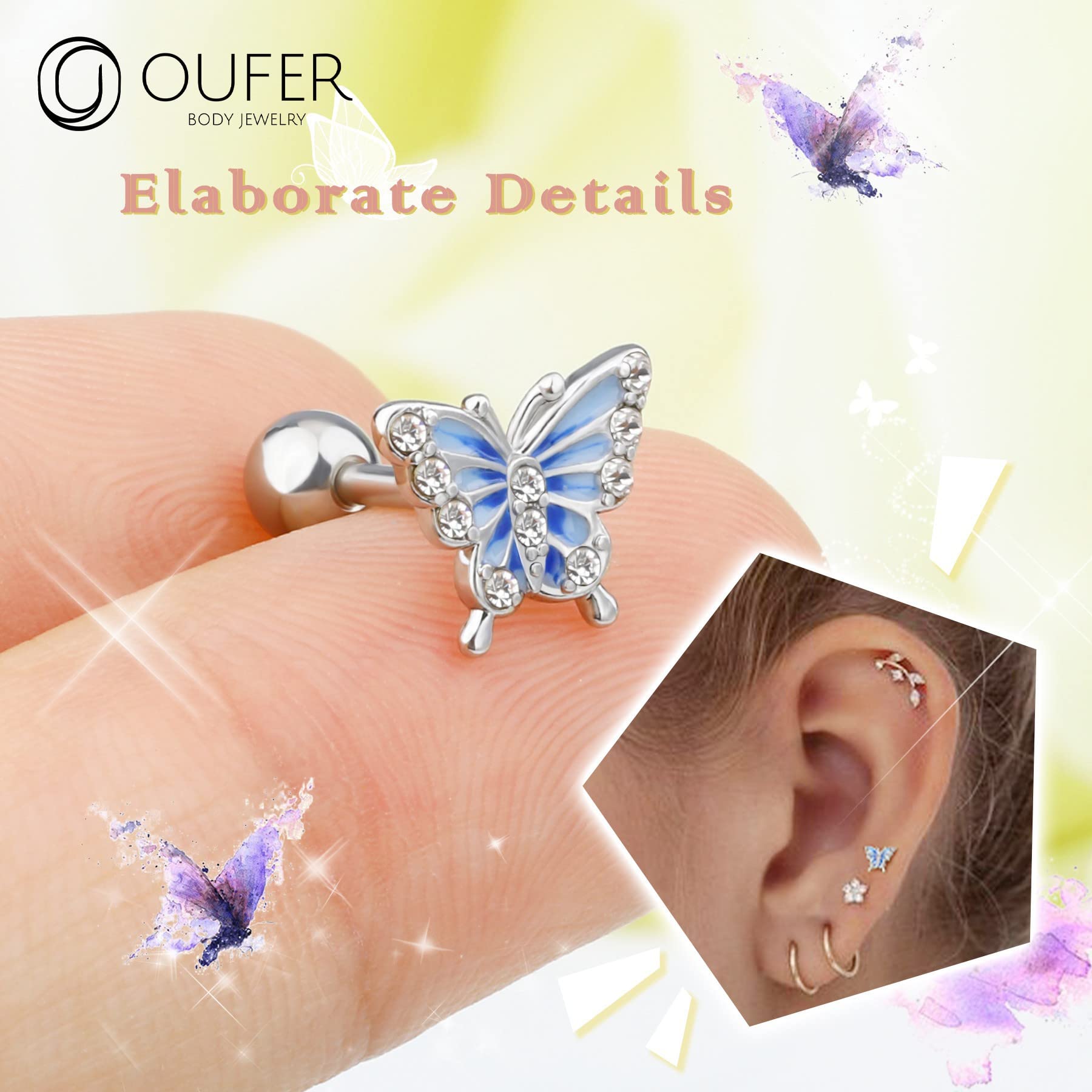 OUFER 16G Helix Earrings, 316L Stainless Steel Tragus Earring Studs, Blue Butterfly Elements Paved Shiny Clear CZ Cartilage Earrings, Flower Helix Piercing Jewelry