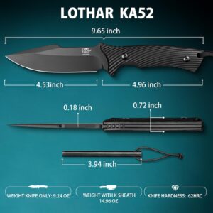 LOTHAR KA52 Fixed Blade Knife, Sharp D2 Steel Blade Survival Knife with Kydex Sheath, Hunting Knives with G10 Handle, Camping Bushcraft Knife for Outdoor, Camping Gifts For Men