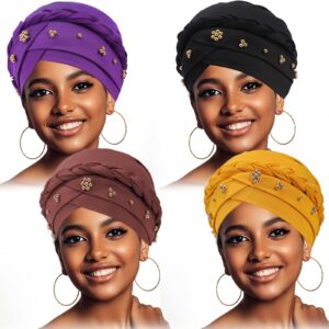 4 Pack Women Turban Cap,Beaded Headscarf Beanie,African Braid Turban Cap for Women,Twisted Beaded Braid Wrap Hat Braid Turban (Black+Purple+Brown+Yellow)