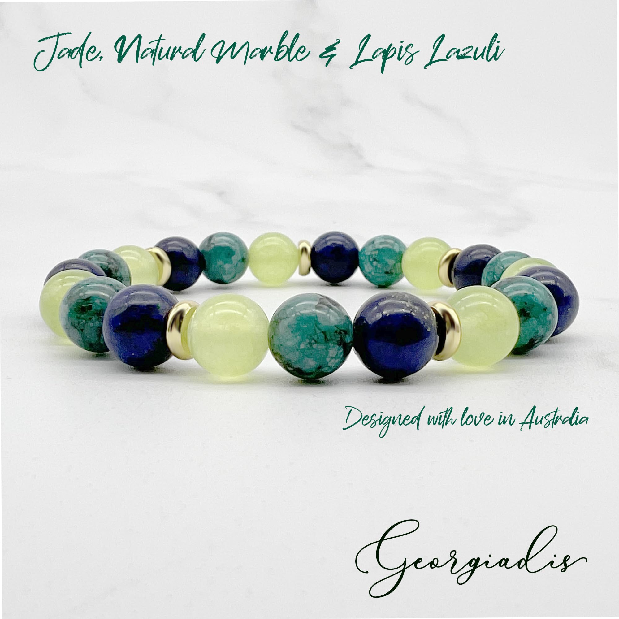 Georgiadis 8mm Lapis Lazuli, African Jasper & Jade Gemstones Bracelet, Crystal Healing Stones, Self-Confidence, Balancing Energy, Prosperity, Abundance, For Men, Women, Gift. (Multi, 8.30")