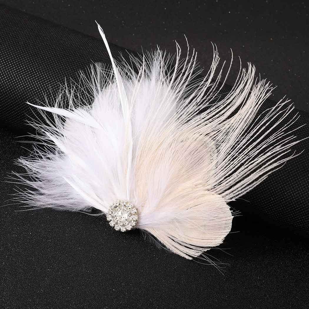 GENBREE White Feather Hair Clip 1920s Flapper Headpiece Crystal Headband Prom Party Head Accessories for Women