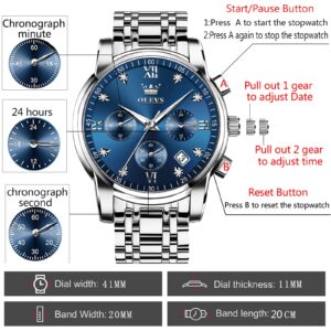 OLEVS Watches for Men with Date Luxury Big Face Waterproof Mens Wristwatch Analog Dress Two Tone Stainless Steel Man Watch Luminous Relojes De Hombre Calendar(GreenBlueBlack Dial）, Blue Dial,