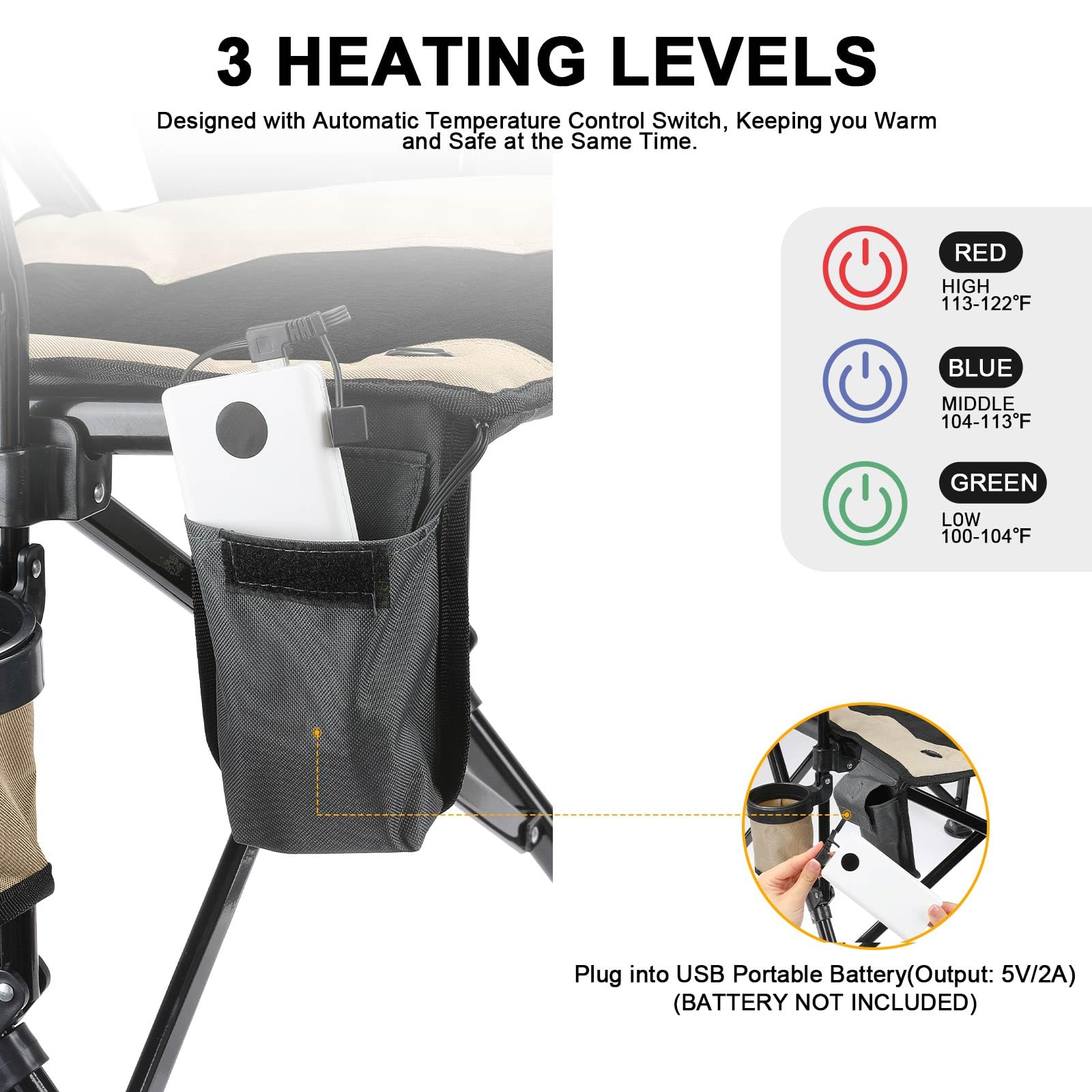 REALEAD Heated Camping Chairs - Fully Padded - Heated Folding Chairs for Outdoor Sports - Supports 400 lbs - Portable Heated Outdoor Camp Chairs for Sport Events - Concert - Battery NOT Included