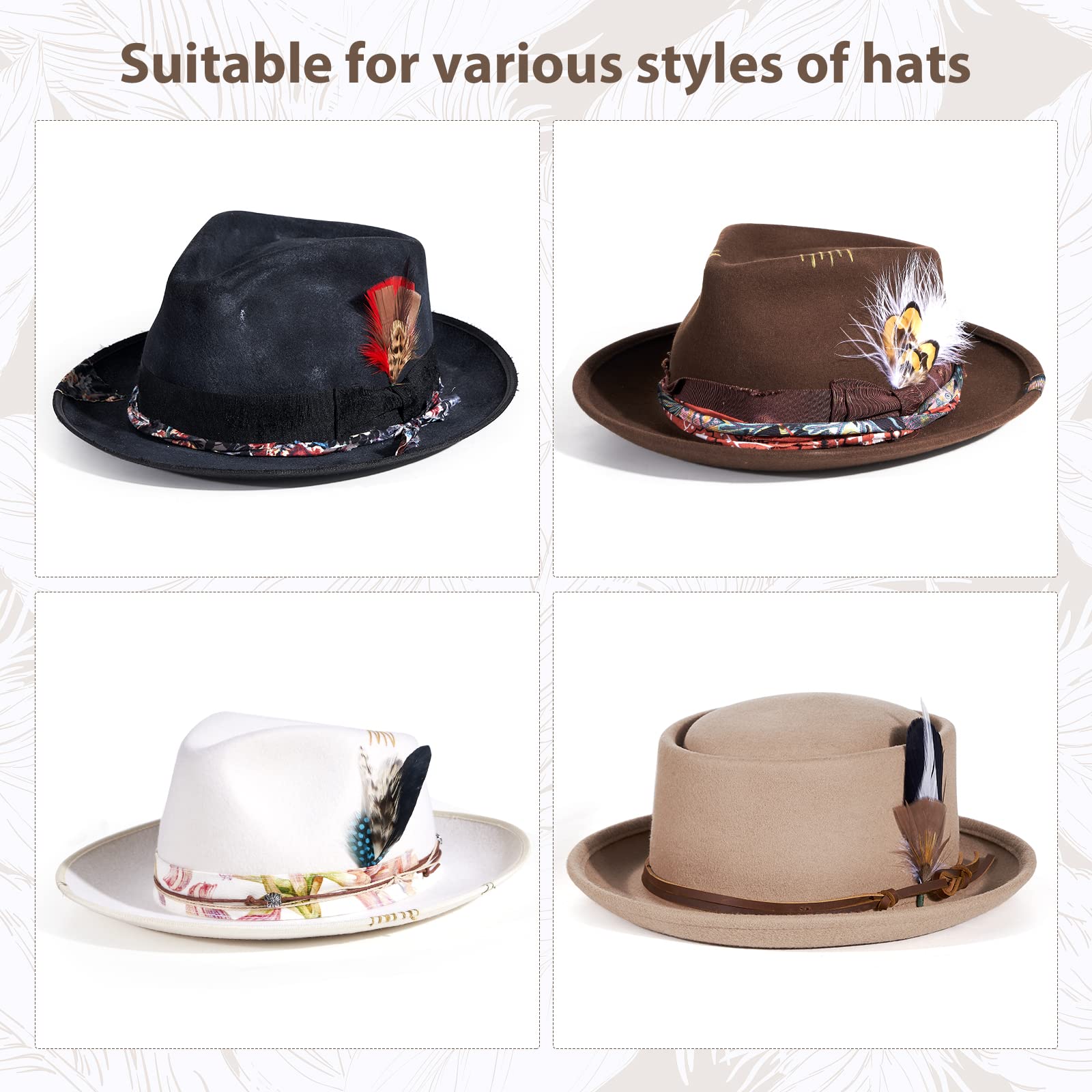 MIX BROWN Hat Feathers, Assorted Natural Feather Packs Accessories for Fedora Cowboy Hats, Pork Pie Trilby Hats (11 PCS)