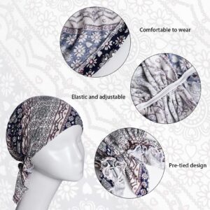 4pcs Pre-Tied Chemo Head Scarf Beanie Covers Cap Head Scarves Sleep Turban Hat Women Bandana with Stretch Print Ruffle Multicolor