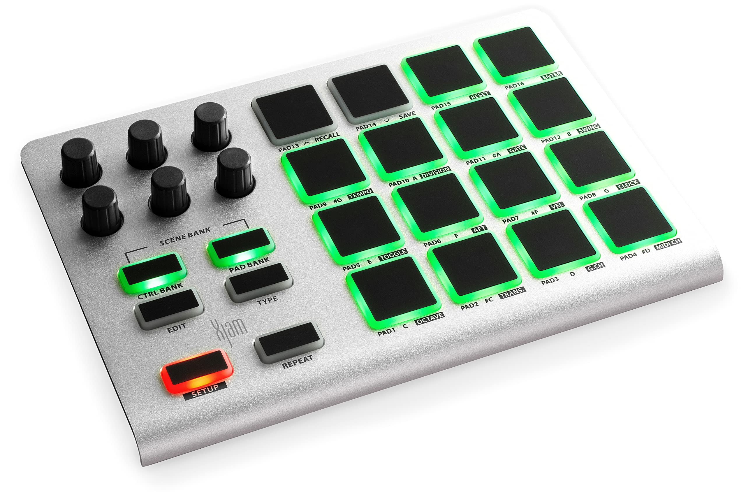 Xjam Professional MIDI Pad Controller - Ultra-Portable Aluminum Frame MIDI Drum Pad with 16 Beat Pads and 6 Assignable Knobs, Beat Machine for Melodic Samples, Plug & Play on iPad, iPhone, Mac, PC