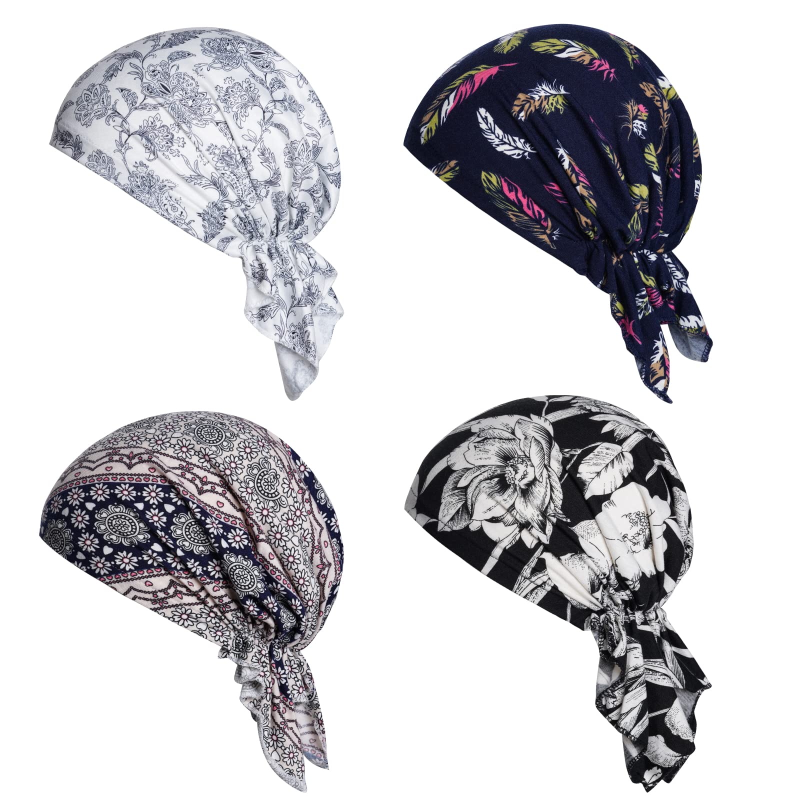 4pcs Pre-Tied Chemo Head Scarf Beanie Covers Cap Head Scarves Sleep Turban Hat Women Bandana with Stretch Print Ruffle Multicolor