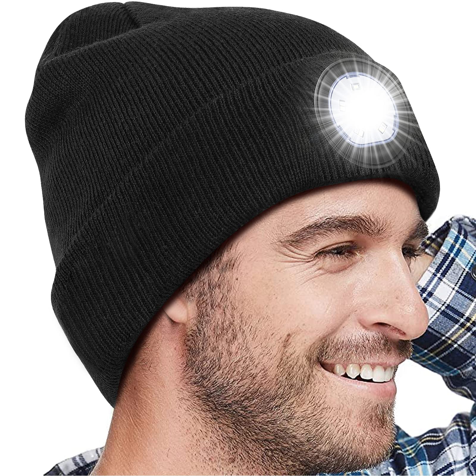 Rechargeable LED Beanie Hat with Flashlight - Unisex Winter Knitted Headlamp Cap for Men and Women