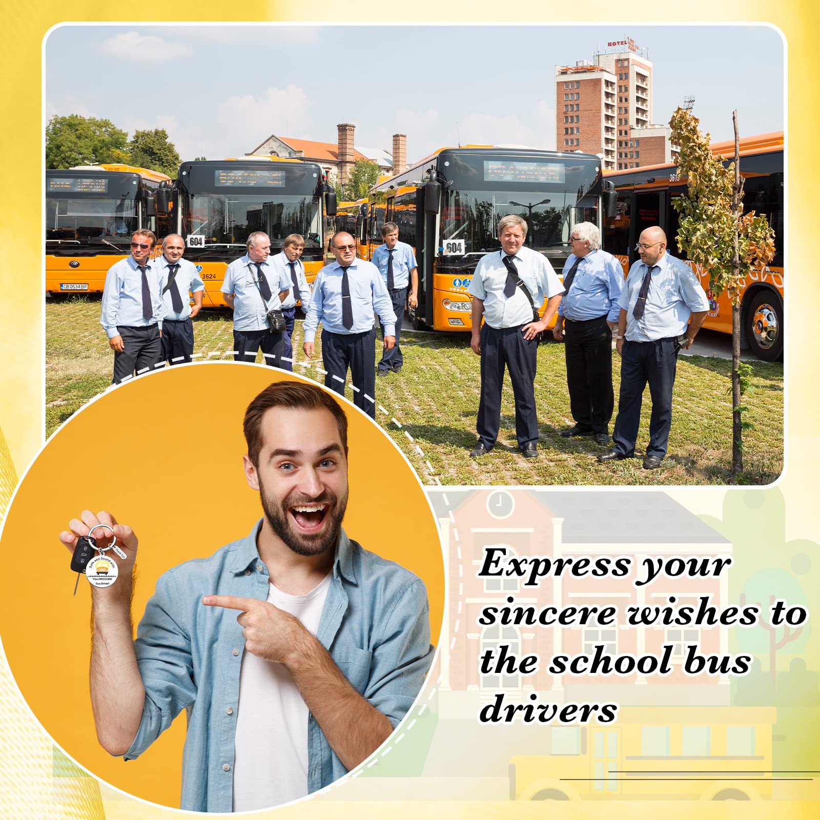 Yinkin 6 Pcs School Bus Driver Appreciation Gifts Stainless Steel Bus Drivers Keychain in Bulk Thank You Gifts for New Driver