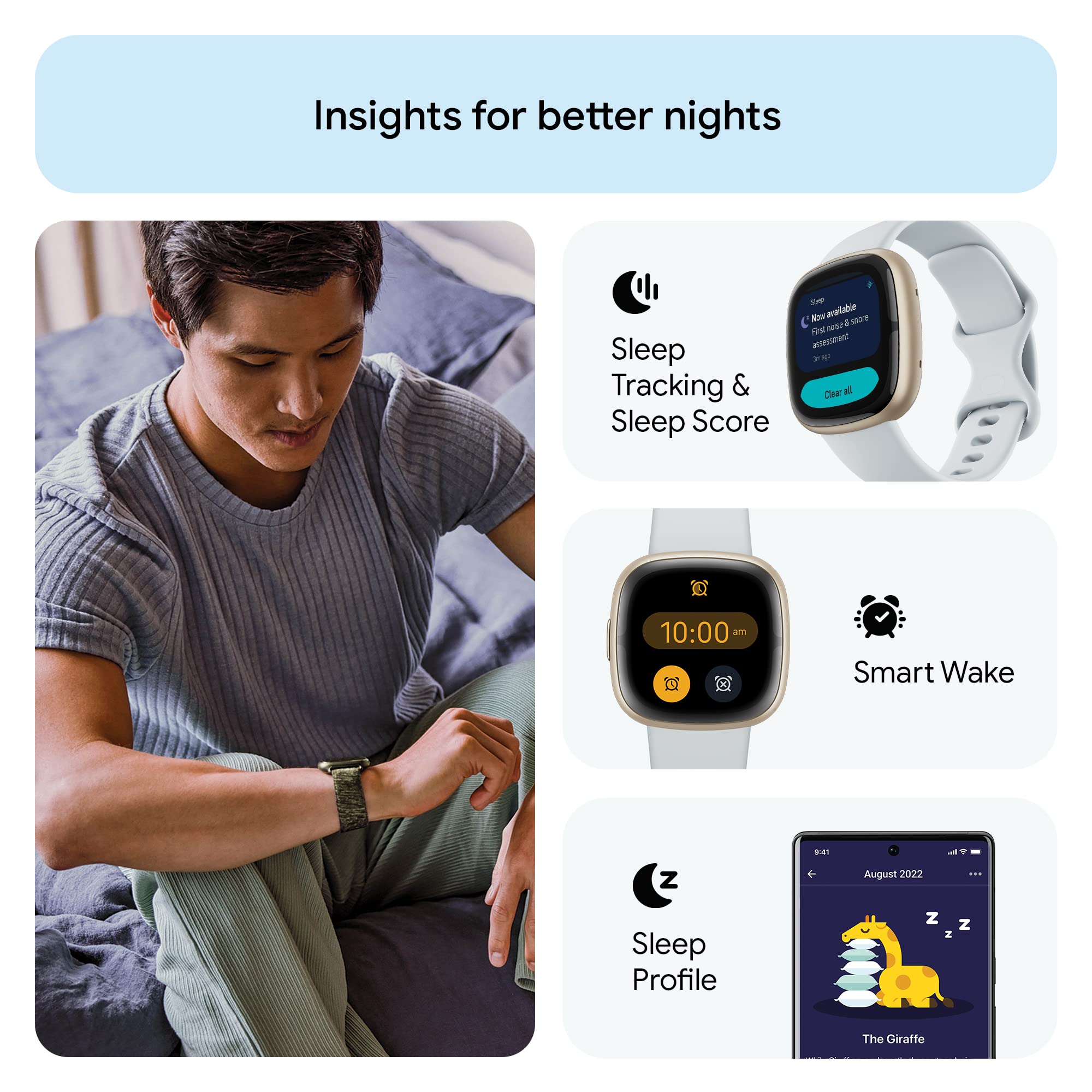 Fitbit Sense 2 Advanced Health and Fitness Smartwatch with Tools to Manage Stress and Sleep, ECG App, SpO2, 24/7 Heart Rate and GPS, Blue Mist/Pale Gold, One Size (S & L Bands Included)