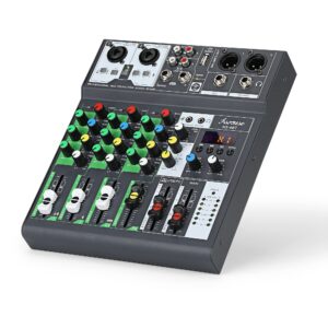 asmuse audio mixer, professional sound board console system interface 4 channel, bluetooth dj sound mixer board for streaming karaoke pc guitar, digital usb mp3 computer input 48v phantom power stereo