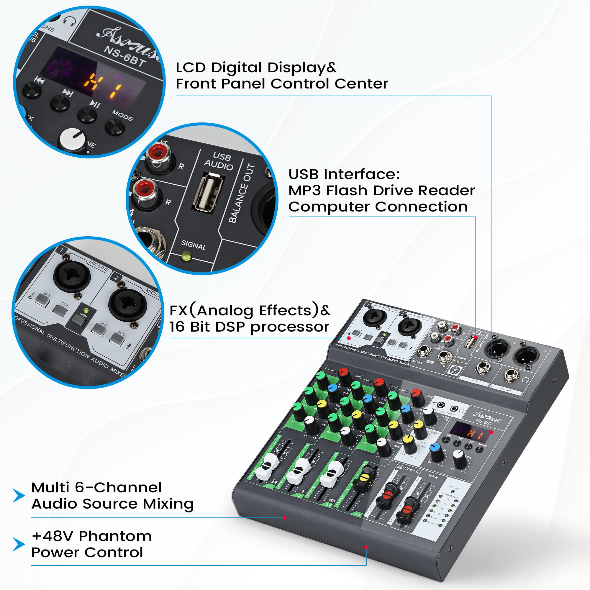 Asmuse Audio Mixer, Professional Sound Board Console System Interface 4 Channel, Bluetooth Dj Sound Mixer Board for Streaming Karaoke PC Guitar, Digital USB MP3 Computer Input 48V Phantom Power Stereo