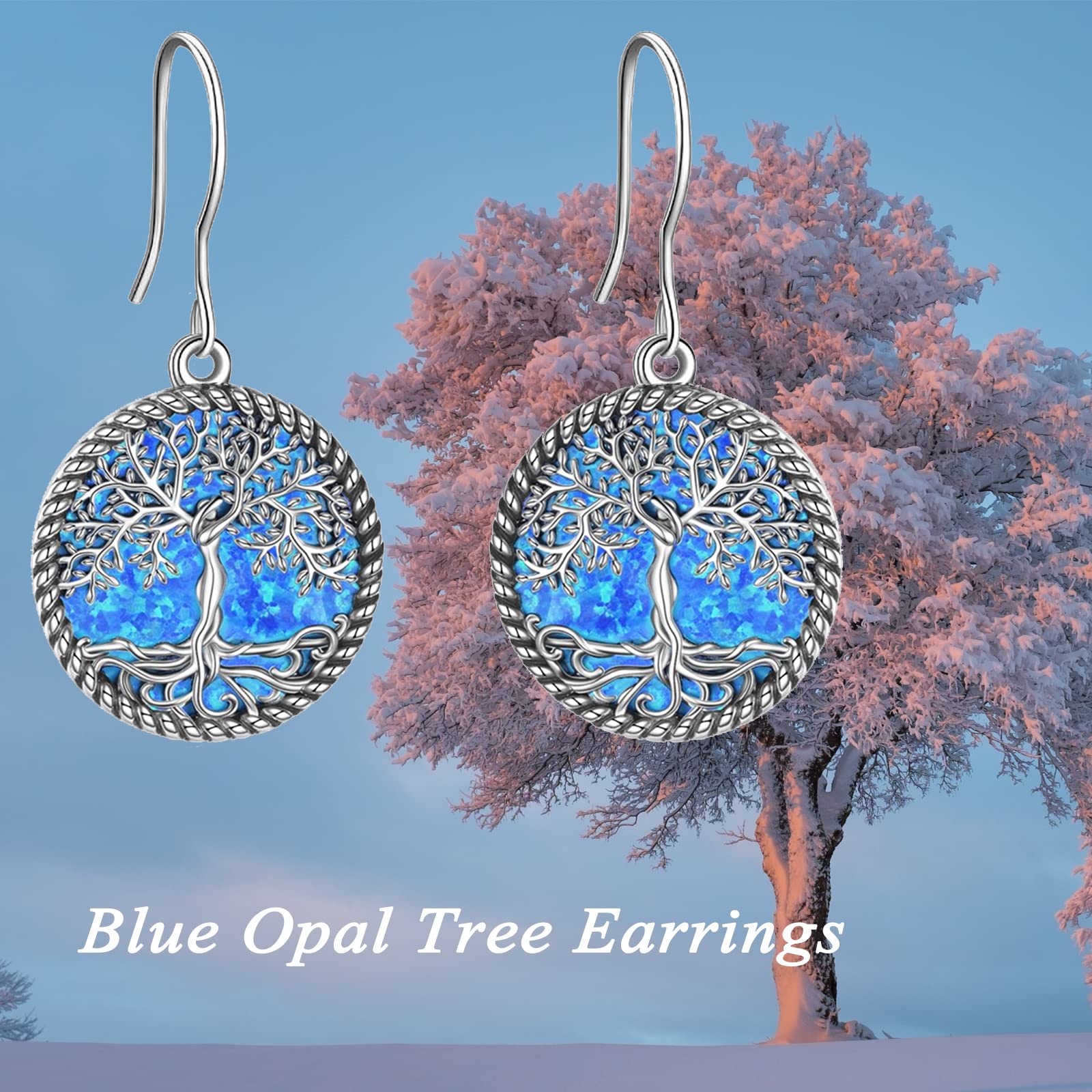 ONEFINITY Tree of Life Earrings Sterling Silver Blue Opal Tree of Life Dangle Drop Earrings Tree of Life Jewelry for Women Jewelry Gifts