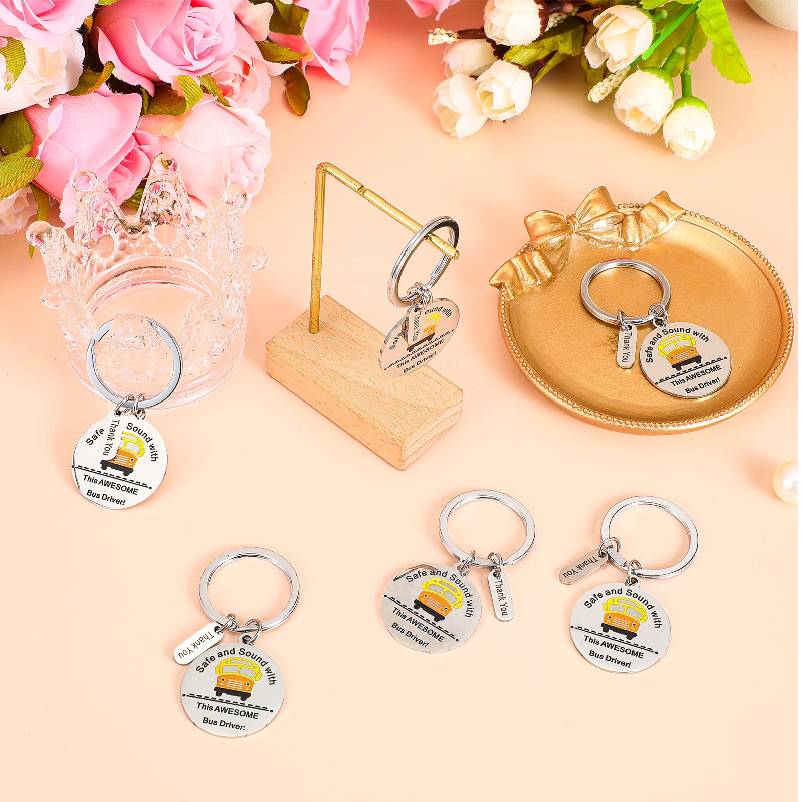 Yinkin 6 Pcs School Bus Driver Appreciation Gifts Stainless Steel Bus Drivers Keychain in Bulk Thank You Gifts for New Driver