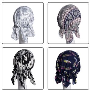 4pcs Pre-Tied Chemo Head Scarf Beanie Covers Cap Head Scarves Sleep Turban Hat Women Bandana with Stretch Print Ruffle Multicolor