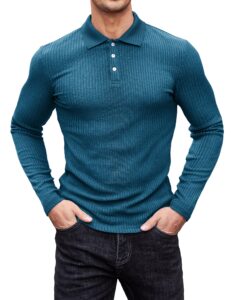 coofandy mens long sleeve polo shirt knit pullover golf tops sweater t shirts blue