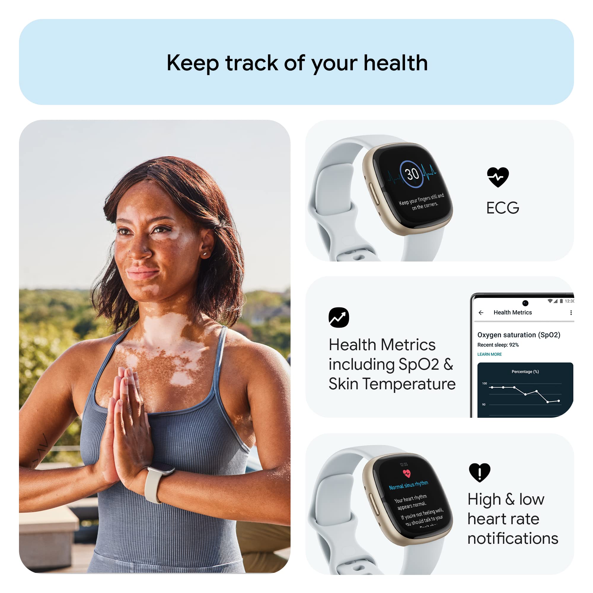 Fitbit Sense 2 Advanced Health and Fitness Smartwatch with Tools to Manage Stress and Sleep, ECG App, SpO2, 24/7 Heart Rate and GPS, Blue Mist/Pale Gold, One Size (S & L Bands Included)