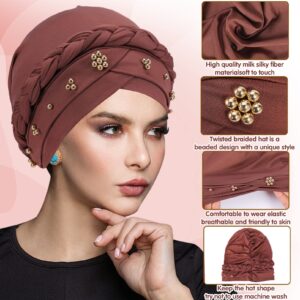 4 Pack Women Turban Cap,Beaded Headscarf Beanie,African Braid Turban Cap for Women,Twisted Beaded Braid Wrap Hat Braid Turban (Black+Purple+Brown+Yellow)