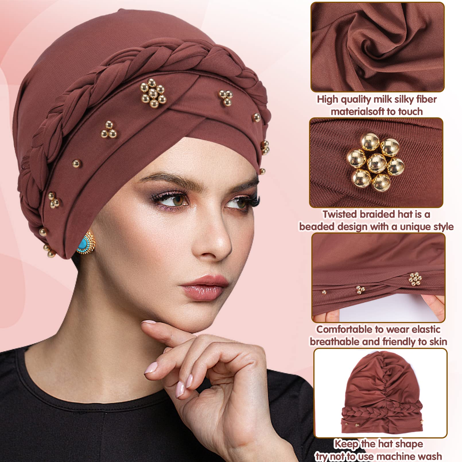 4 Pack Women Turban Cap,Beaded Headscarf Beanie,African Braid Turban Cap for Women,Twisted Beaded Braid Wrap Hat Braid Turban (Black+Purple+Brown+Yellow)