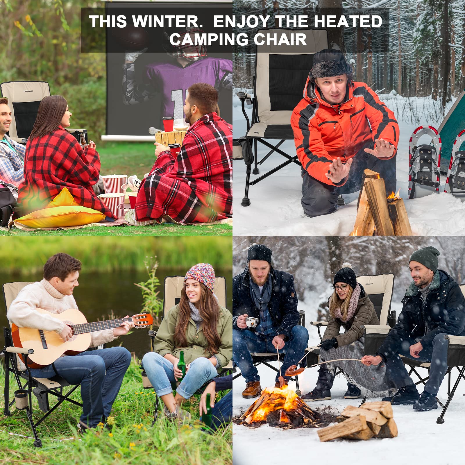 REALEAD Heated Camping Chairs - Fully Padded - Heated Folding Chairs for Outdoor Sports - Supports 400 lbs - Portable Heated Outdoor Camp Chairs for Sport Events - Concert - Battery NOT Included